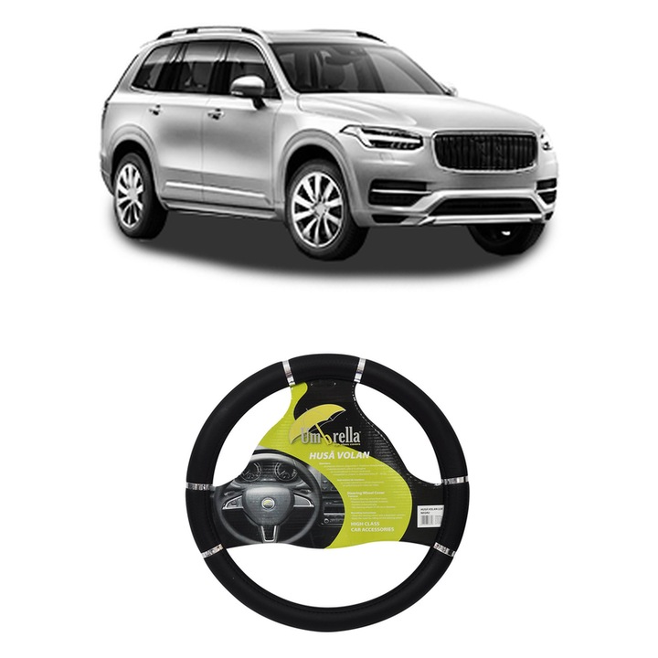 Husa Volan Auto Pentru Volvo Xc90 Ii (256) Din 2014-2022, Piele Ecologica, Dimensiune 37-39 cm, Umbrella, Culoare Negru