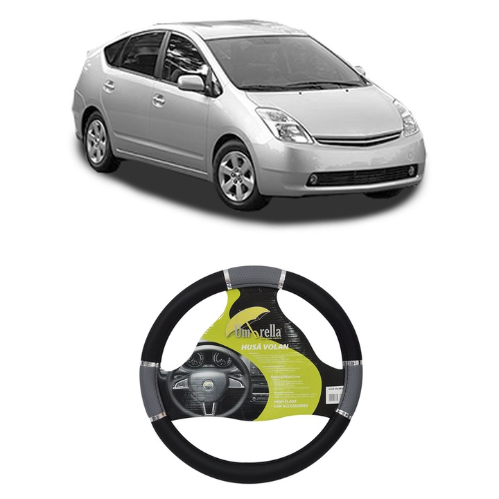 Husa Volan Auto Umbrella pentru Toyota Prius Liftback, Piele Ecologica, Gri, 37x39cm