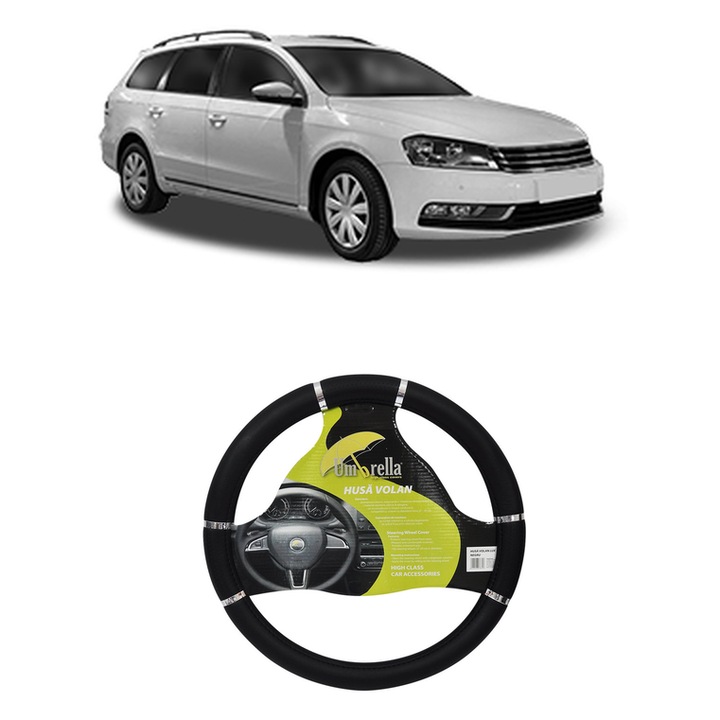 Husa Volan Auto Pentru Volkswagen Passat B7 Estate Van (365) Din 2010-2014, Piele Ecologica, Dimensiune 37-39 cm, Umbrella, Culoare Negru