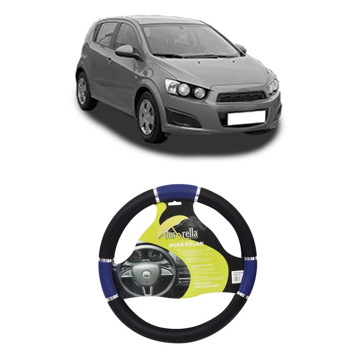 Husa Volan Auto Pentru Chevrolet Aveo Hatchback (T300) Din 2011-2015, Piele Ecologica, Dimensiune 37-39 cm, Umbrella, Culoare Albastru