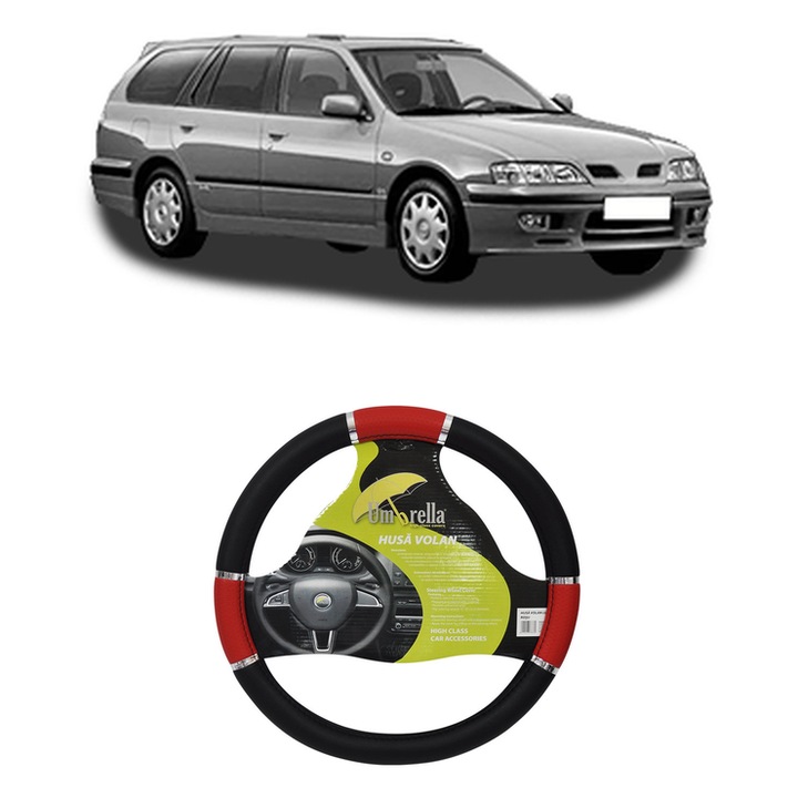 Husa Volan Auto Pentru Nissan Primera Hatchback (P10) Din 1990-1996, Piele Ecologica, Dimensiune 37-39 cm, Umbrella, Culoare Rosu