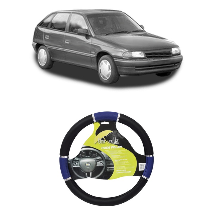 Husa Volan Auto Pentru Opel Astra F Classic Hatchback (T92) Din 1998-2002, Piele Ecologica, Dimensiune 37-39 cm, Umbrella, Culoare Albastru