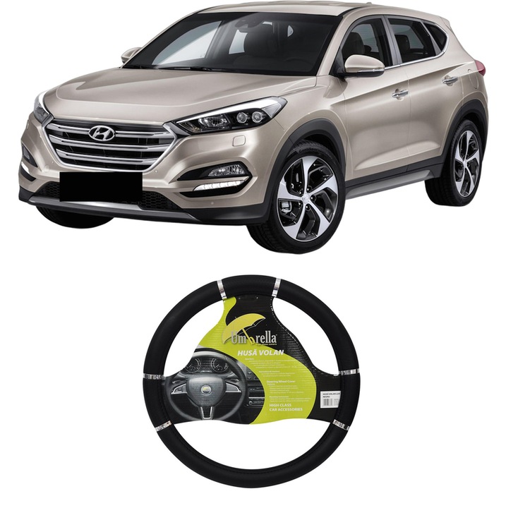 Husa Volan Auto Pentru Hyundai Tucson Suv Van (Tle) Din 2015-2020, Piele Ecologica, Dimensiune 37-39 cm, Umbrella, Culoare Negru