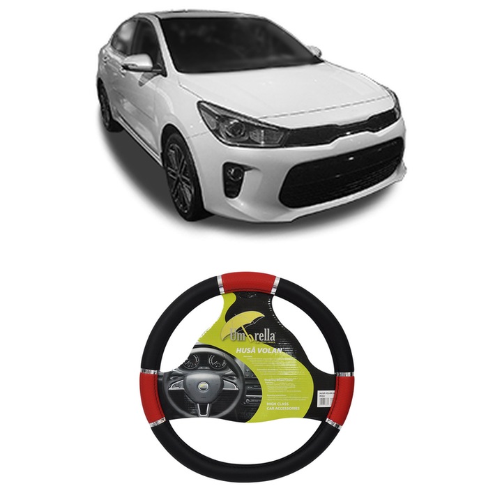 Husa Volan Auto Pentru Kia Rio Iv Hatchback Van (Yb, Sc, Fb) Din 2017, Piele Ecologica, Dimensiune 37-39 cm, Umbrella, Culoare Rosu