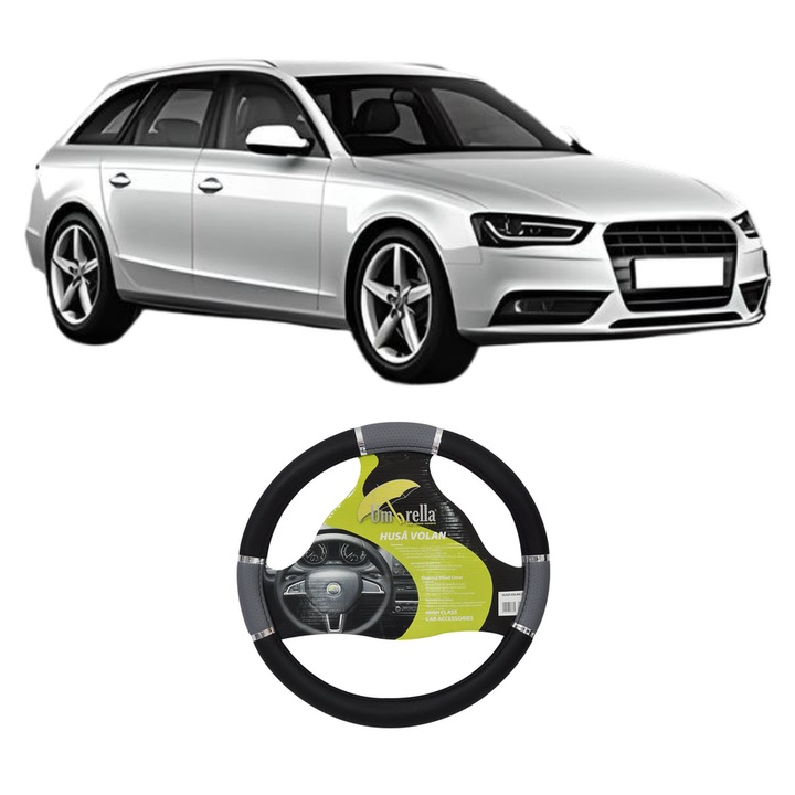 Husa Volan Auto Pentru Audi A4 B8 Avant (8K5) Din 2007-2015, Piele Ecologica, Dimensiune 37-39 cm, Umbrella, Culoare Gri