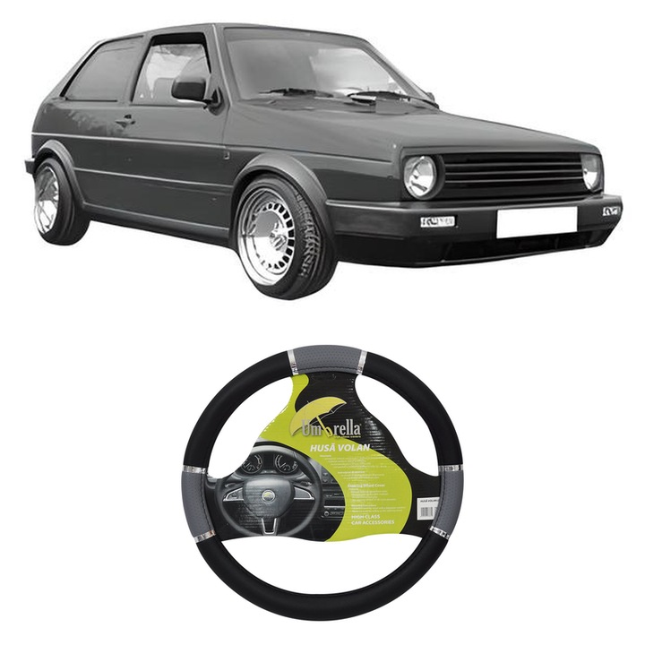 Husa Volan Auto Pentru Volkswagen Polo Hatchback Van (86Cf) Din 1992-1994, Piele Ecologica, Dimensiune 37-39 cm, Umbrella, Culoare Gri