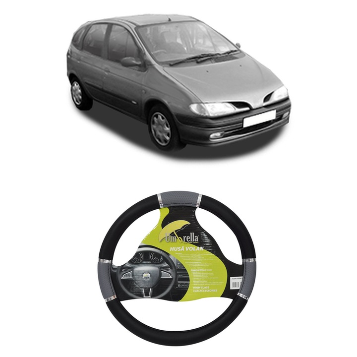 Husa Volan Auto Pentru Renault Megane Scénic (Ja0/1_) Din 1996-1999, Piele Ecologica, Dimensiune 37-39 cm, Umbrella, Culoare Gri