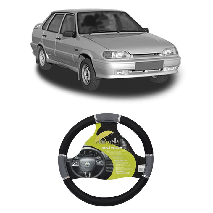 Husa Volan Auto Pentru Lada Samara Hatchback (2113, 2114) Din 2003-2013, Piele Ecologica, Dimensiune 37-39 cm, Umbrella, Culoare Gri