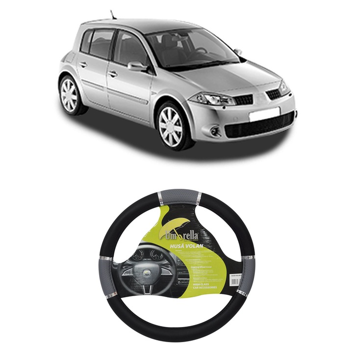 Husa Volan Auto Pentru Renault Megane Ii (Bm0/1_, Cm0/1_) Din 2002-2011, Piele Ecologica, Dimensiune 37-39 cm, Umbrella, Culoare Gri