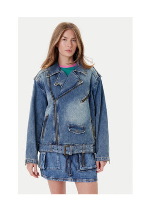 Geaca biker din denim, cu aspect supradimensionat