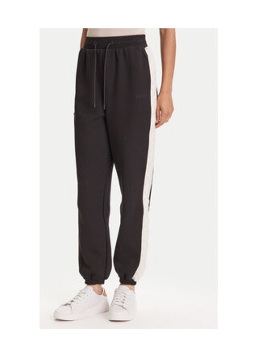 Pantaloni de trening relaxed fit cu benzi laterala contrastanta si talie inalta cu snur