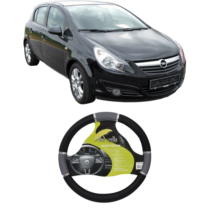 Husa Volan Auto, Umbrella, Pentru Opel Corsa D (S07) Din 2006-2014, Piele Ecologica, Dimensiune 37-39 cm, Gri