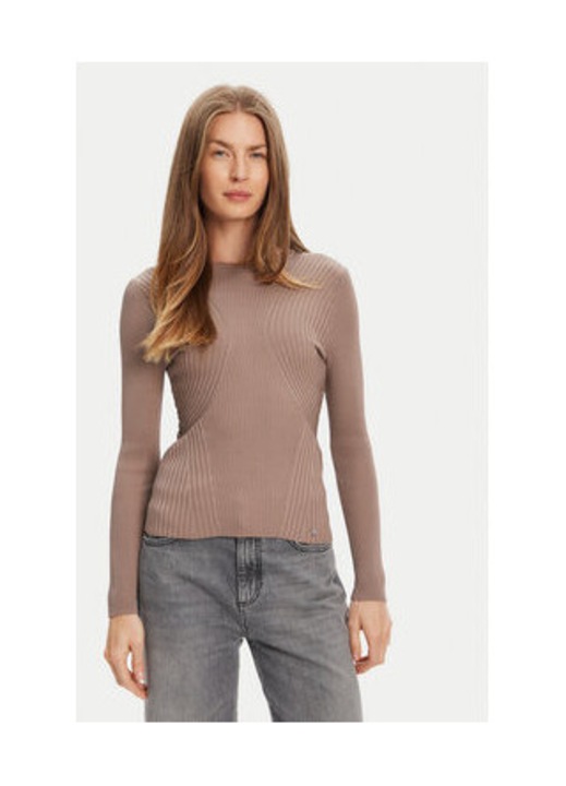 Pulover din amestec de viscoza cu striatii si decolteu la baza gatului, Maro taupe inchis