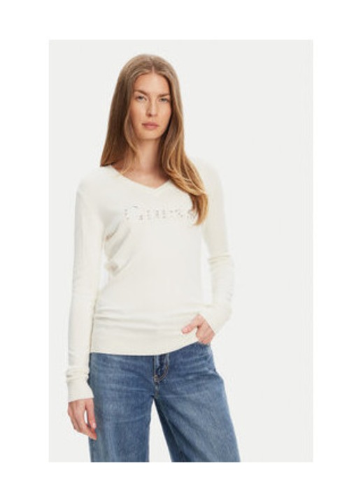 Pulover cu decolteu in V cu strasuri si logo brodat, S INTL