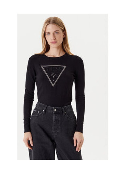 Pulover tricotat subtire cu strasuri si logo brodat