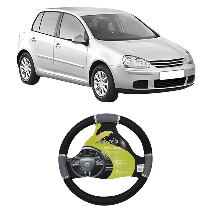 Husa Volan Auto Pentru Volkswagen Golf V (1K1) Din 2003-2009, Piele Ecologica, Dimensiune 37-39 cm, Umbrella, Culoare Gri