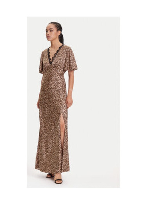 Rochie lungă animal print cu decolteu în V și despicatura laterala