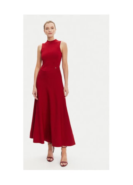 Rochie lunga evazata fara maneci cu decolteu la baza gatului