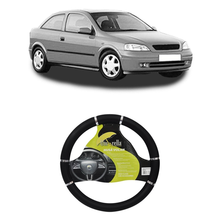 Husa Volan Auto Pentru Opel Astra G Hatchback (T98) Din 1998-2009, Piele Ecologica, Dimensiune 37-39 cm, Umbrella, Culoare Negru