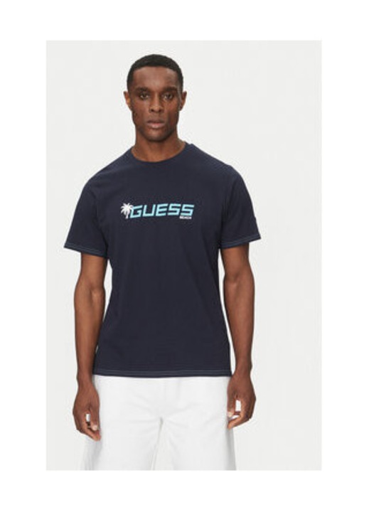 Tricou cu logo si decolteu la baza gatului, bleumarin, S INTL