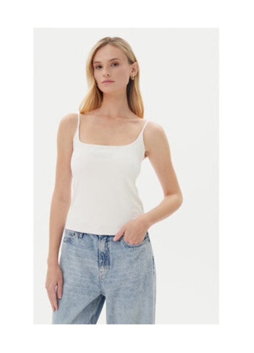 Top din amestec de bumbac cu bretele inguste, decolteu patrat si logo din strasuri