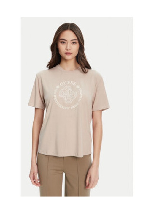 Tricou regular fit din viscoza cu decolteu la baza gatului si logo brodat pe piept