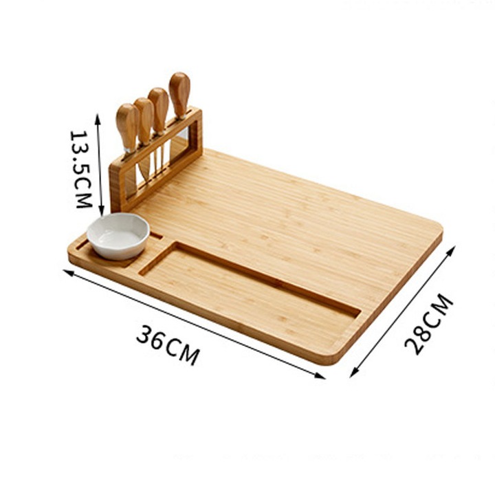 Platou din Bambus pentru Branzeturi cu Bol Portelan si 4 Cutite, Set, 36x28x13.5cm