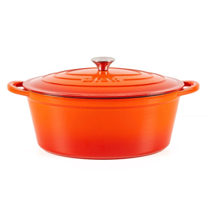 Oala ovala fonta emailata, cu capac tip ceaun cuptor olandez, Orange - Lätt Home, 3.85 L