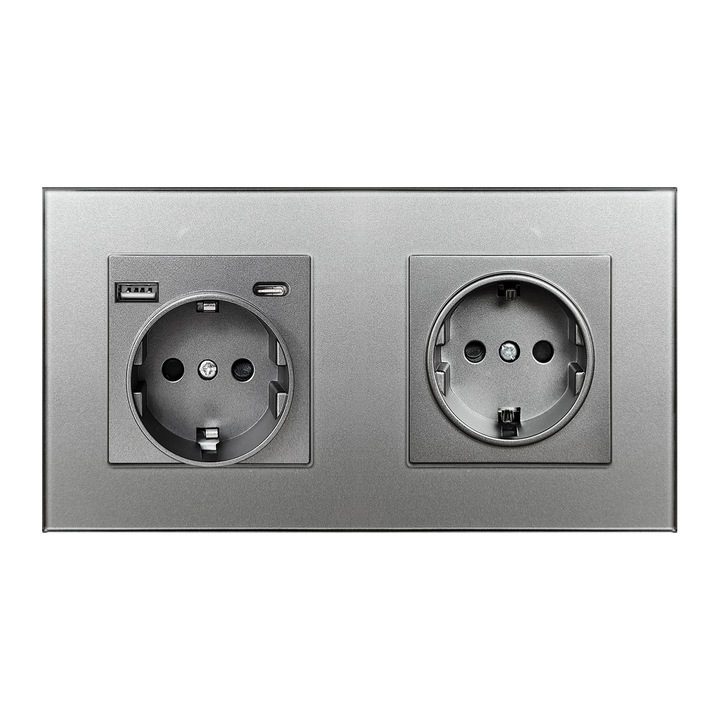 Priza Dubla cu USB si USB-C Arteli® 16A 3520W, Rama Sticla Securizata, Protectie la Suprasarcina, Gri 86x157mm