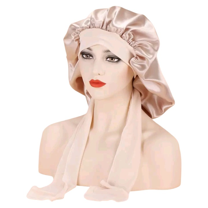 Сатенена шапка, за къдрава коса, против накъдряне, кремообразна, универсален размер