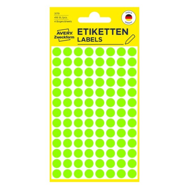 Avery Zweckform 3179 címke, pöttyös, 8 mm átmérőjű, neonzöld, 416 címke/készlet