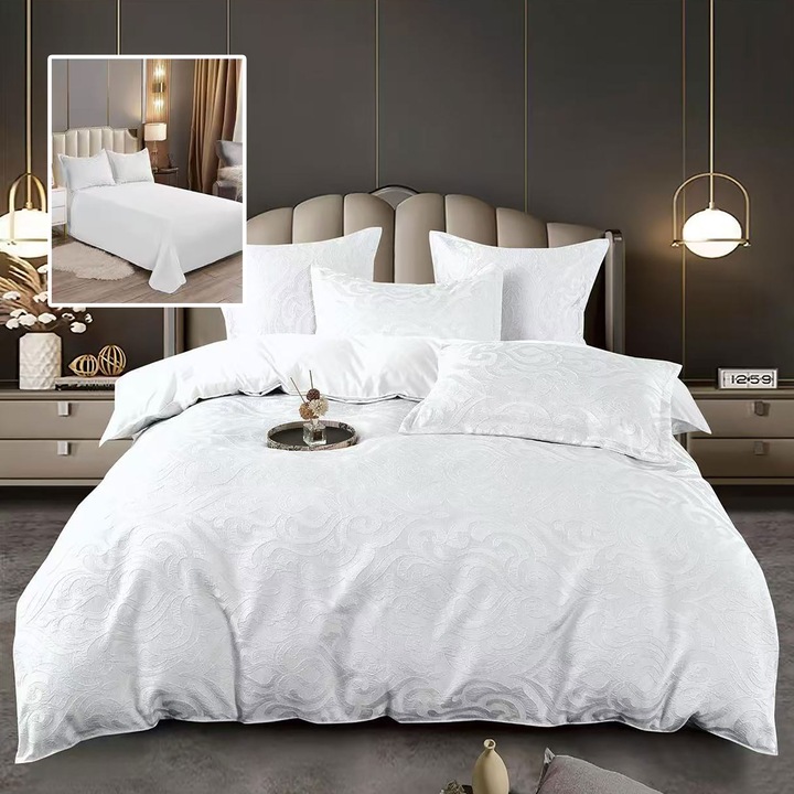 Спално бельо NufJoy® JAQUARD сатен, 6 части, Чаршаф 230x250 см, Плик за завивка 200x230 см, 2 калъфки за възглавници 50x70 см, 2 калъфки за възглавници 70x70 см, Премиум качество, Подаръчна кутия, Бял