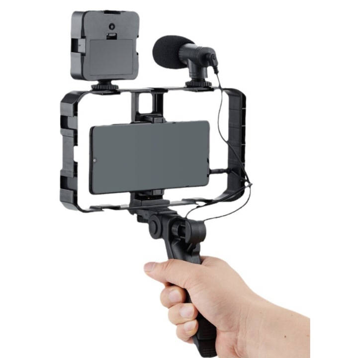 Szelfibot mobiltelefonhoz AY 49X LED töltőfény, állványmikrofon