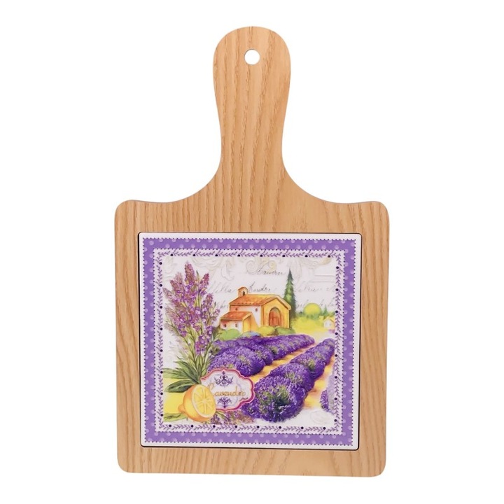 Suport din ceramica pentru oala fierbinte, cu chenar din lemn, cu lavanda. 18x30 cm