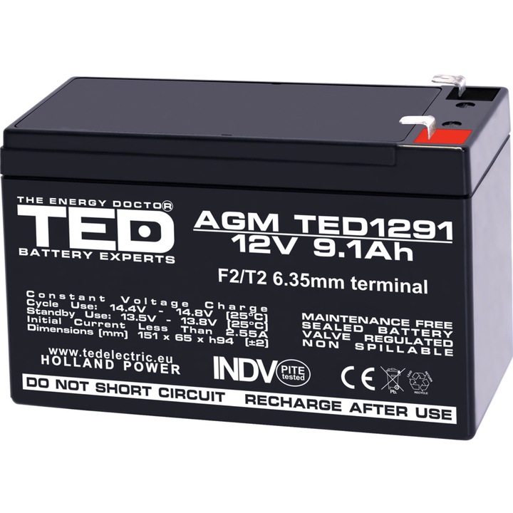 12 V-os álló akkumulátor, 151 x 65 x 95 mm 12 V-os 9,1 Ah, TED Electric