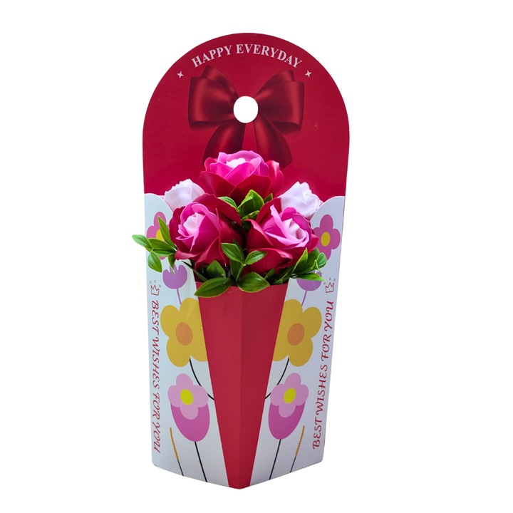 Decoratiune plic - decorata cu flori de sapun rosii-roz, 35x15x10 cm, plic rosu