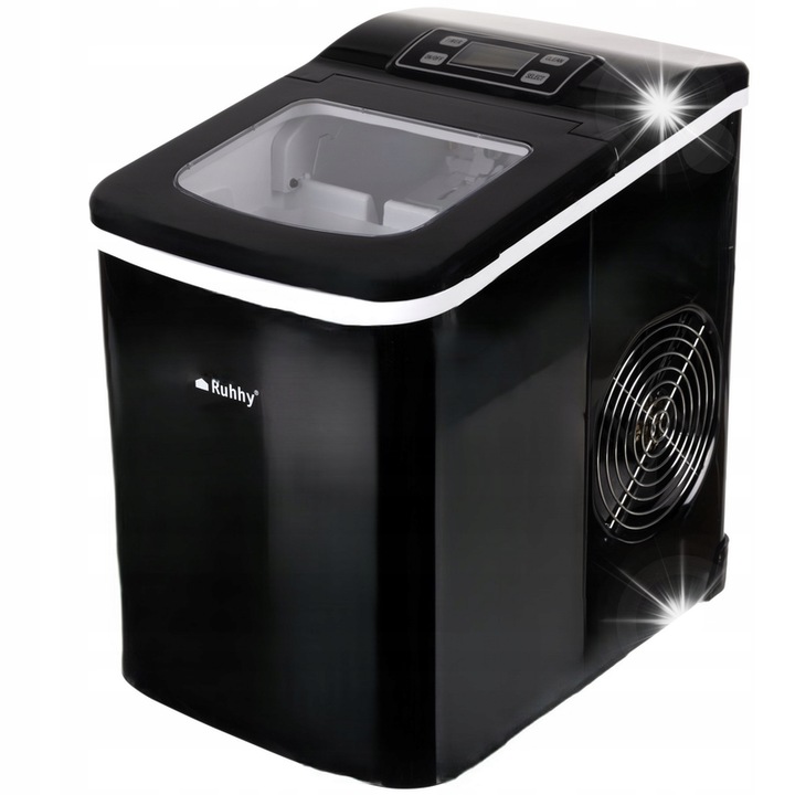 Ruhhy jégkészítő, 12 kg/24 óra, 2 jégkockaméret, fekete rozsdamentes acél, 32x30x22cm