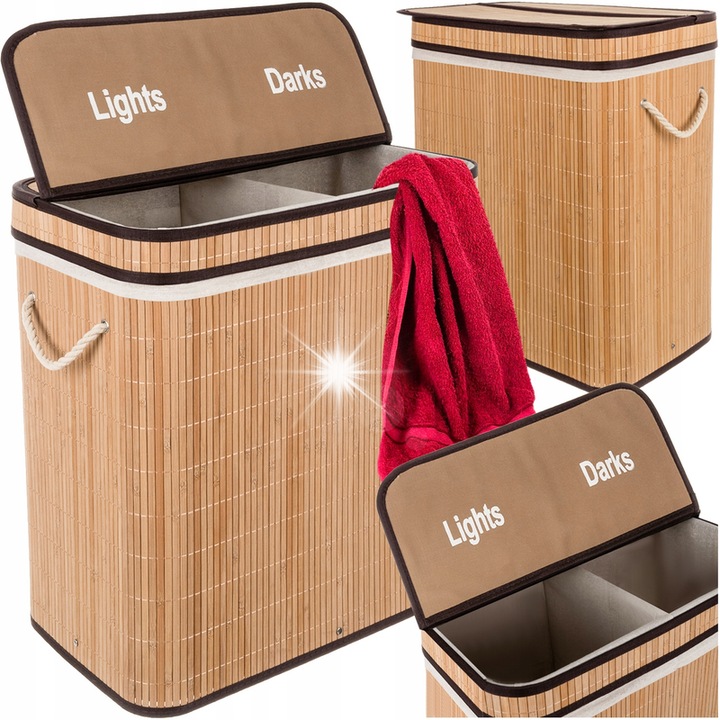 Cos de rufe din bambus, 100L, cu capac, doua compartimente, maro, 60x54x35cm