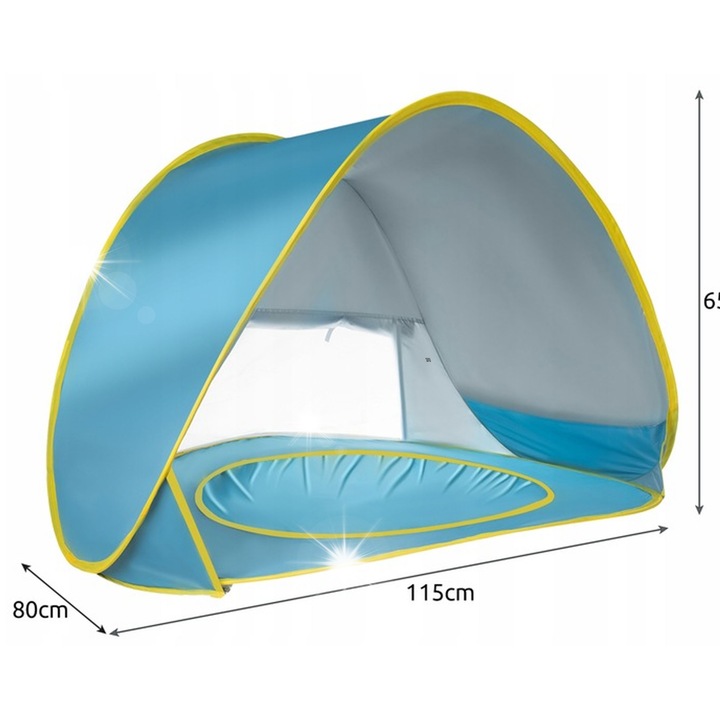 Trizand strandsátor, felnyitható medencével, UV- és szélvédelemmel, 65x115x80cm, kék-sárga, szett huzattal