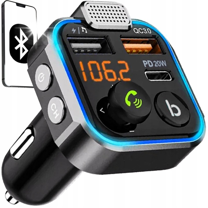 Xtrobb Bluetooth FM adó, 2xUSB + USB Type-C, 12-24V, 7,5x4,5x4,7cm, iOS és Android kompatibilis