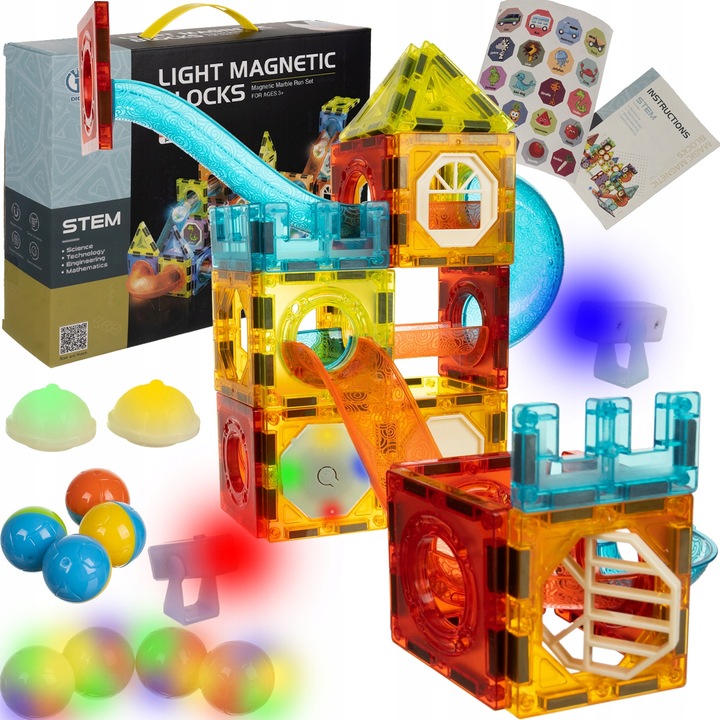 Set de constructie magnetice Kruzzel 75 elemente, multicolor, cu bile luminoase