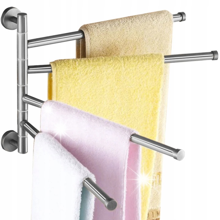 Закачалка за кърпи, метална, 4 въртящи се рамена, сребриста, 43x35 см, комплект с дюбели