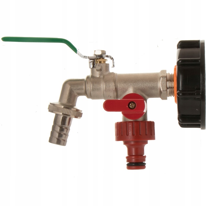 Mizar 1/2" csap, dupla szeleppel 1/2 x 3/4 x 3/4", IBC 1000l tartályhoz, S60x6 csatlakozással, sárgarézből, zöld fogantyúval