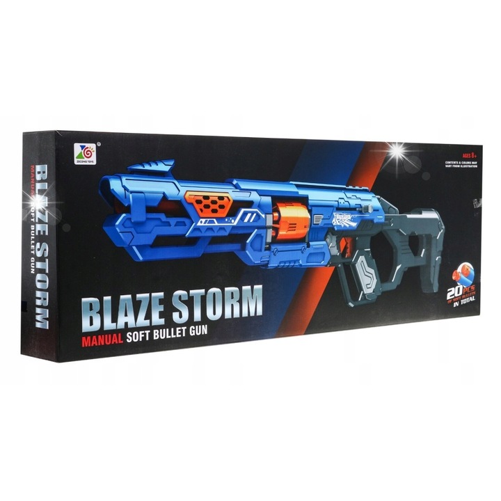Blaze Storm játék puska, kék, 80x19x4,5cm, 20 db-os hablövedék készlet
