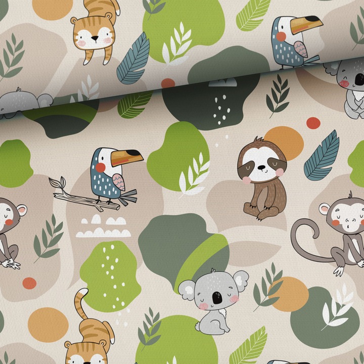Material textil, Tricot french terry, Tricot trening imprimat Jungle animals, bumbac 95%, elastan 5%