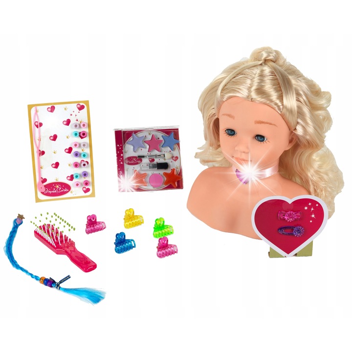 KLEIN hajformázó és fodrászfej, Princess Coralie kollekció, 28 cm, hajkiegészítőkkel és sminkkészlettel