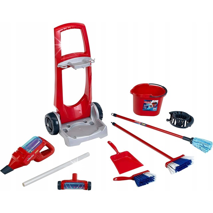 Takarítókocsi Vileda Junior porszívóval, vödörrel, kefével, nyéllel ellátott seprűvel, piros, 59 cm