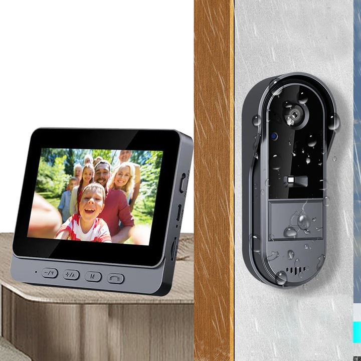 Vezeték nélküli kapucsengő, Suness, kültéri, monitorral, 480P, kétirányú kommunikáció, egyszerű telepítés, IP65 vízállóság, éjjellátó funkcióval, automatikus fotó- és videofelvétellel, fekete