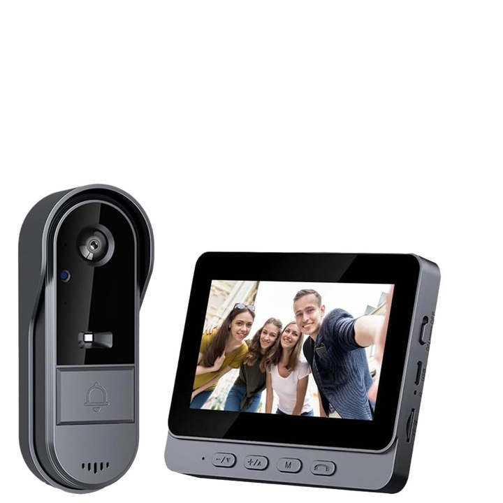 Sonerie Fara fir, Suness, pentru exterior, cu monitor, comunicare bidirectionala, IP65, vedere nocturna, Negru, 11,7x9,3x1,6cm