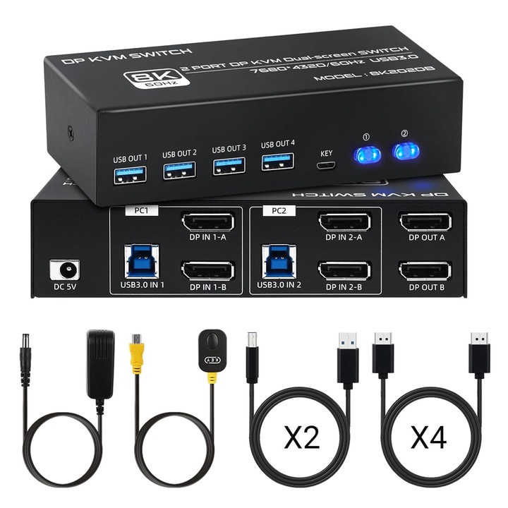 KVM Kapcsoló 2 PC 2 Monitor 8K 60Hz DP 1.4 USB 3.0